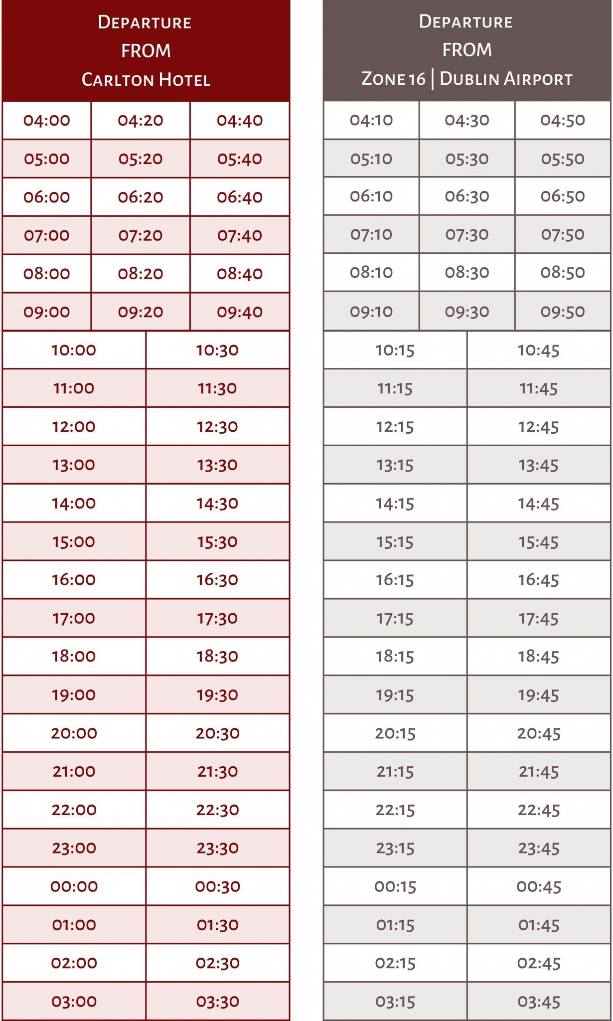 timetable shuttle bus